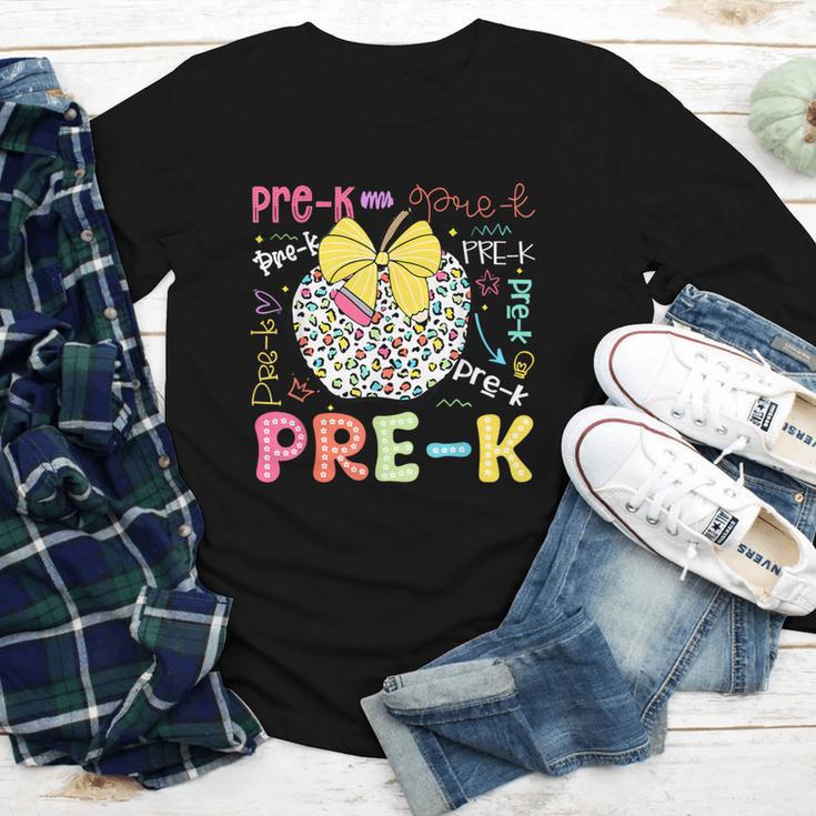 Pre-K Typography First Day Back To School Leopard Apple Youth Long Sleeve Tee Pre-K Typography First Day Back To School Leopard Apple Youth Long Sleeve Tee