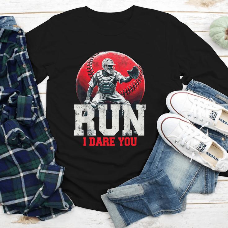 Run I Dare You Baseball Ball Player Catcher Coach Tee Youth Long Sleeve Tee