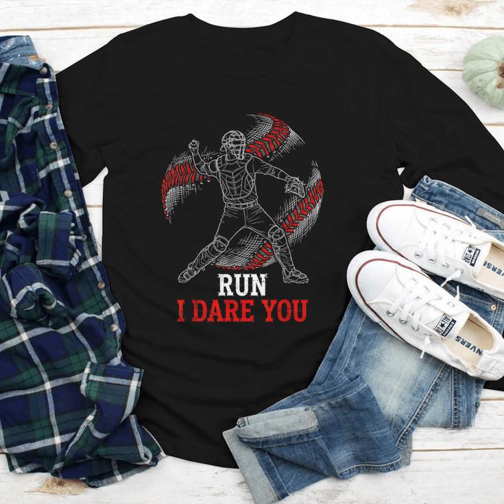 Run I Dare You Baseball Catcher Graphic Players Fans Youth Long Sleeve Tee