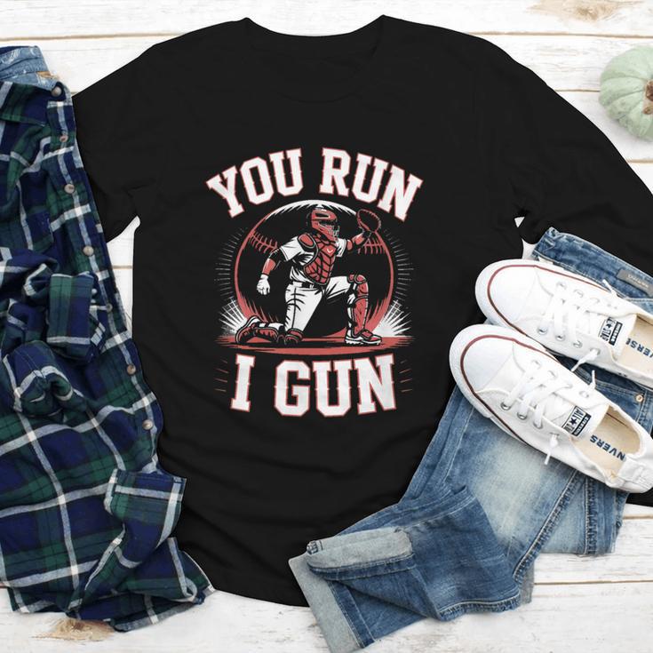 You Run I Gun Baseball Catcher Softball Player Youth Long Sleeve Tee