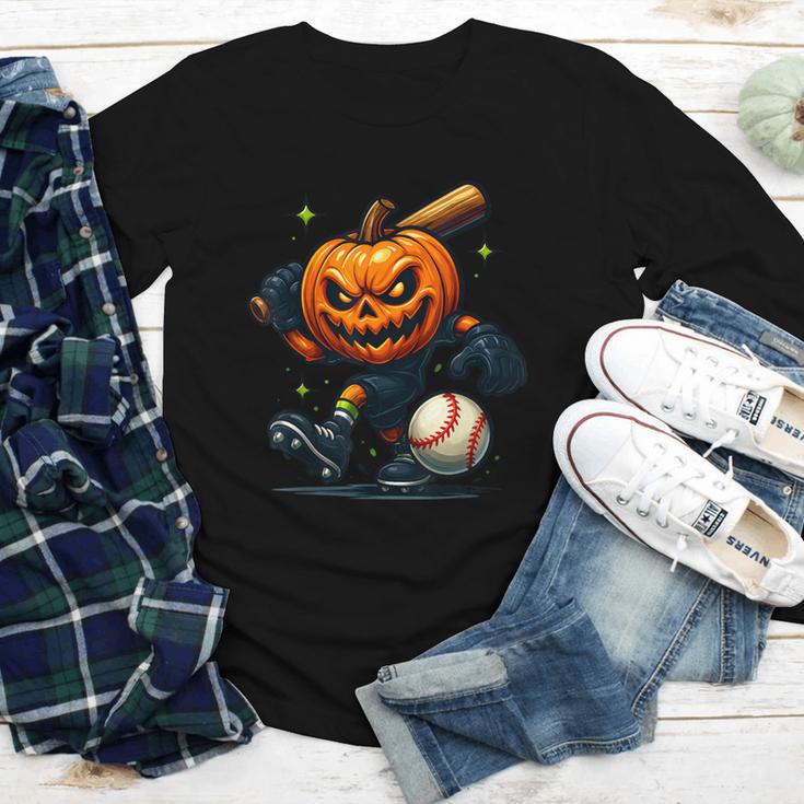 Spooky Halloween Scary Pumpkin Baseball Player Witchy Vibes Youth Long Sleeve Tee