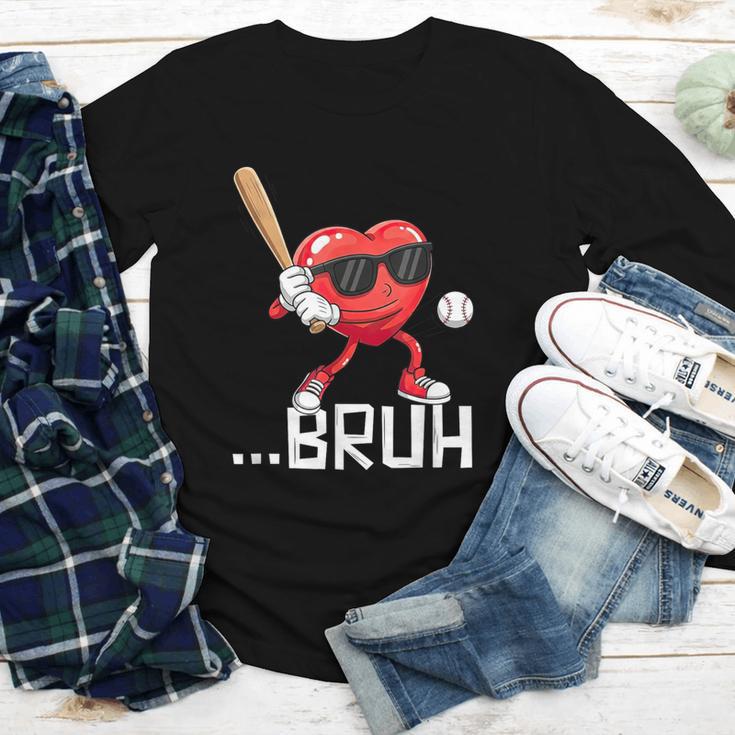Valentines Bruh Red Heart Playing Baseball Men Boys Kids Youth Long Sleeve Tee