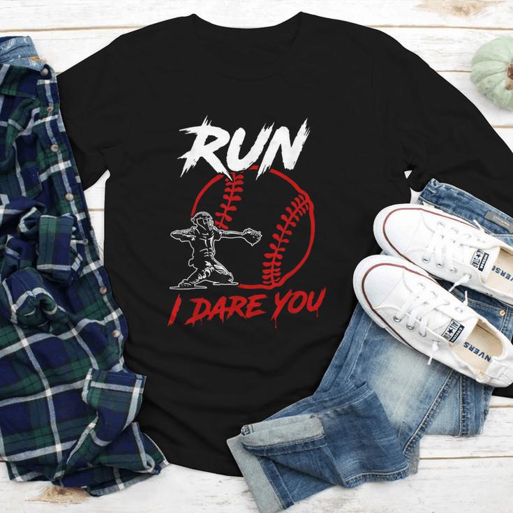 Vintage Baseball Catcher Boys Go Ahead Run I Dare You Youth Long Sleeve Tee