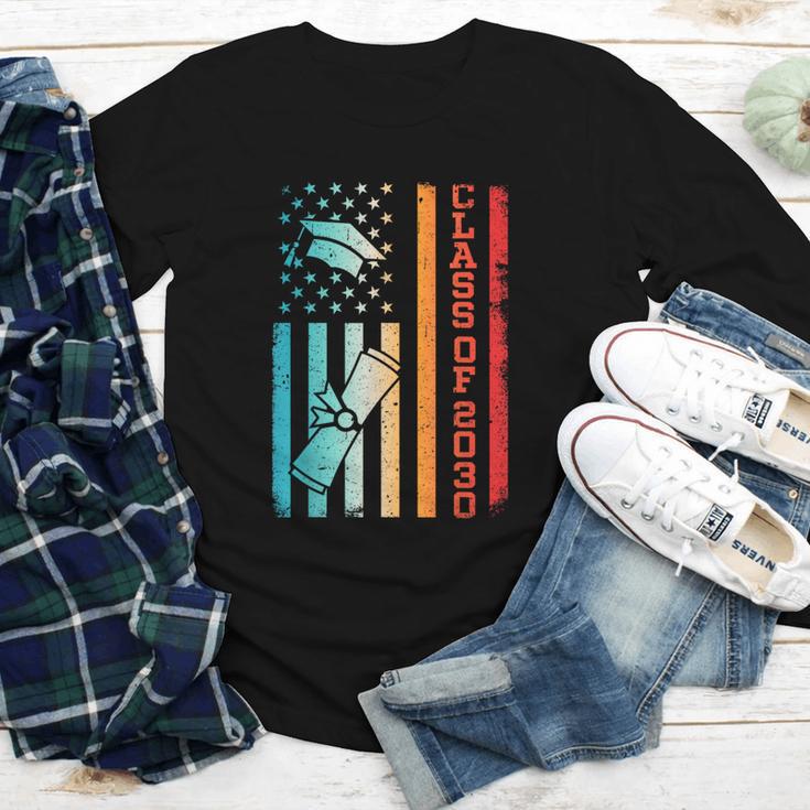 Vintage Class Of 2030 Graduation Back To School USA Flag Youth Long Sleeve Tee