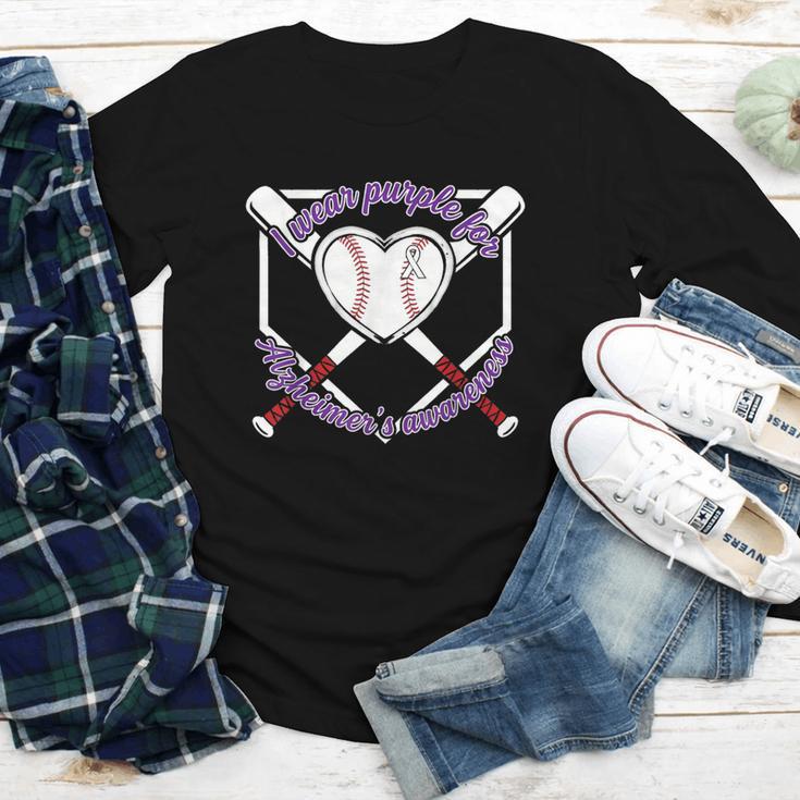 I Wear Purple For Alzheimers Awareness Baseball Heart Ribbon Youth Long Sleeve Tee