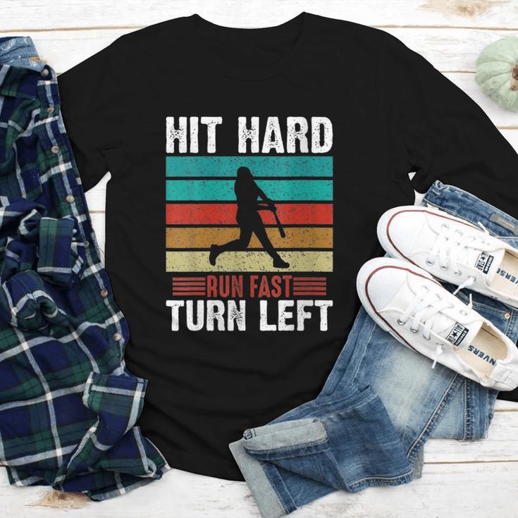 Women's Retro Hit Hard Run Fast Turn Left Baseball Lover Youth Long Sleeve Tee