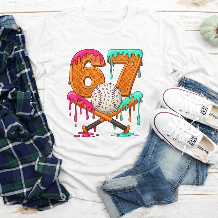67 Ice Cream Drip Baseball Number 67 Player 67th Birthday Youth Long Sleeve Tee