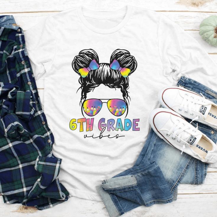 6th Grade Vibes Messy Hair Bun Girl Back To School First Day Youth Long Sleeve Tee