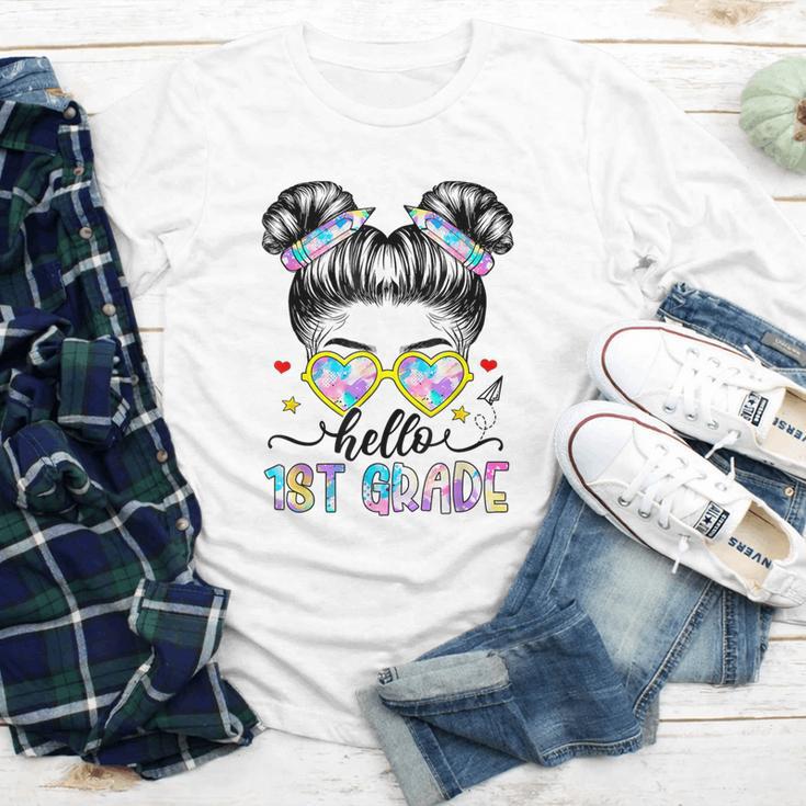 Hello 1st Grade Messy Bun Girl Back To School First Day Youth Long Sleeve Tee Hello 1st Grade Messy Bun Girl Back To School First Day Youth Long Sleeve Tee