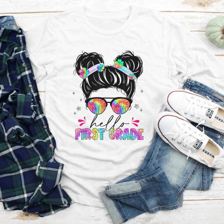 Hello First Grade Shirt Messy Bun Tie Dye Back To School Youth Long Sleeve Tee