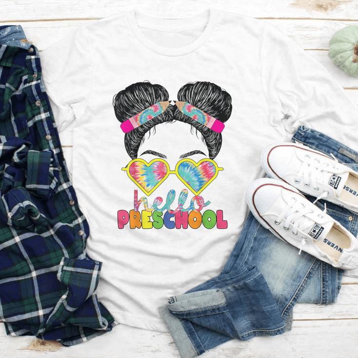 Hello Preschool Messy Bun Tie Dye Back To School Girls Kids Youth Long Sleeve Tee