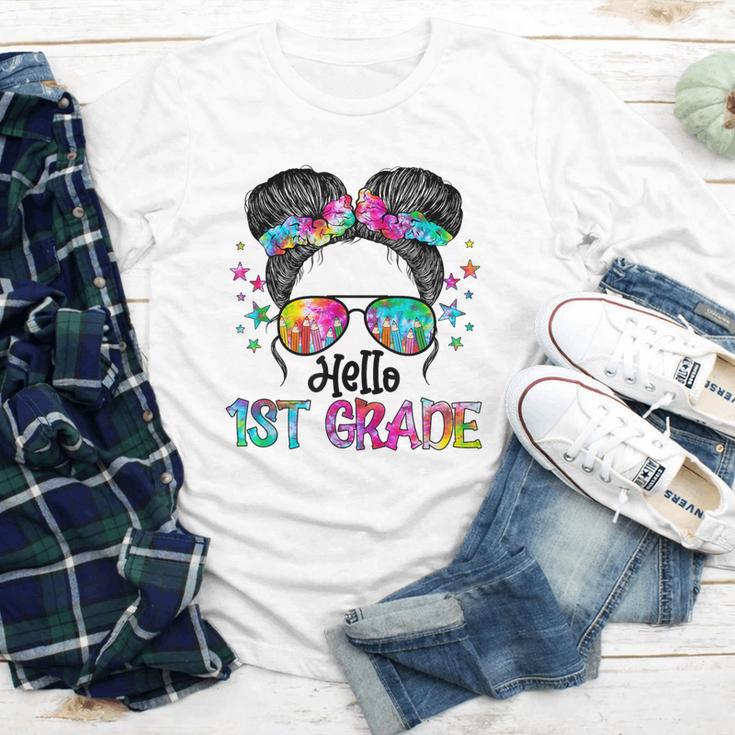 Messy Hair Bun Girl Back To School First Day Hello 1st Grade Youth Long Sleeve Tee