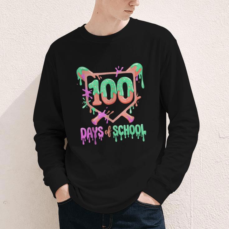 100 Days Of School Baseball Ice Cream Drip 100th Day Player Youth Long Sleeve Tee