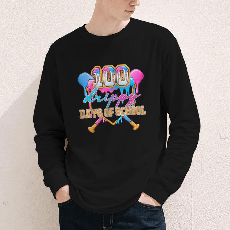 100 Drippy Days Of School Baseball Ice Cream Drip Boys Kids Youth Long Sleeve Tee