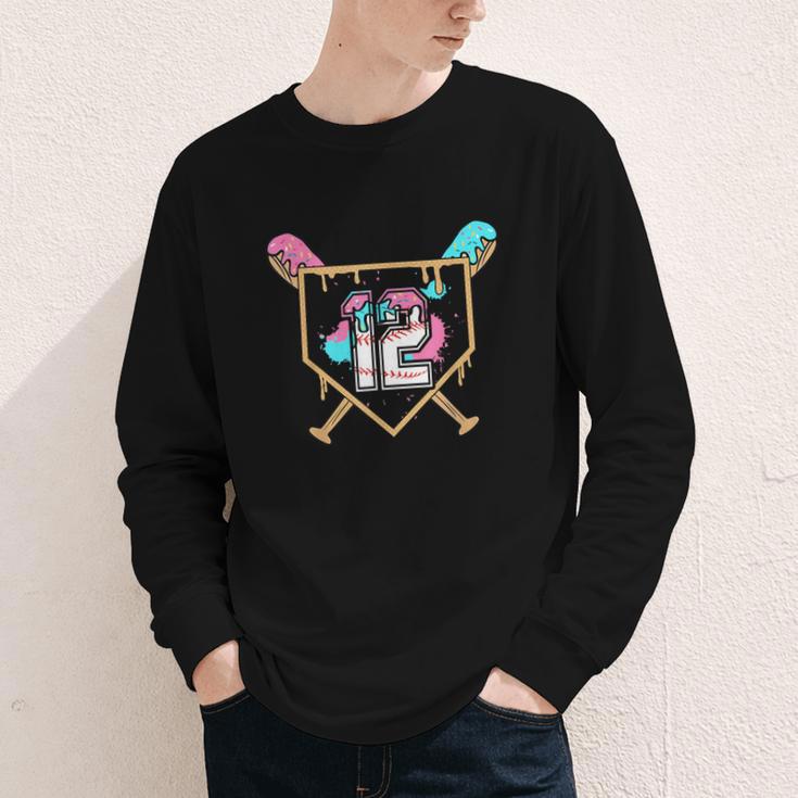 12th Birthday Baseball Bat Ice-Cream Drip 12yrs Old Boy Kid Youth Long Sleeve Tee