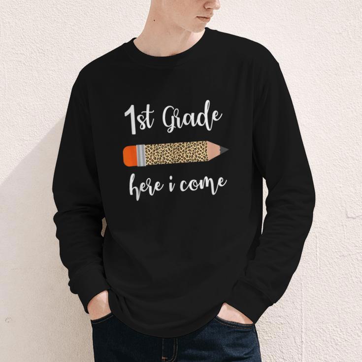 1st Grade Here I Come Leopard Pencil Back To School Student Youth Long Sleeve Tee