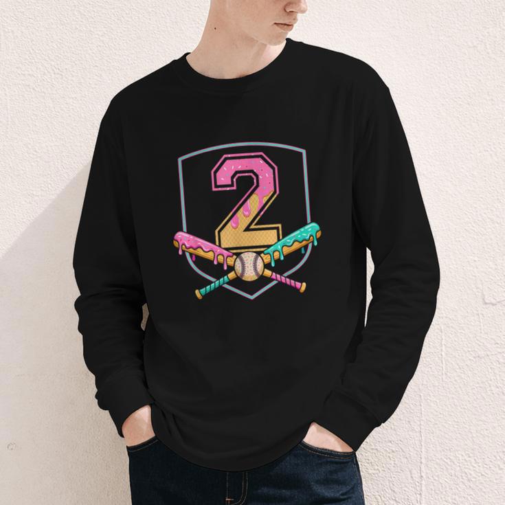 2nd Birthday Baseball Bat Ice-Cream Drip 2yrs Old Boys Kids Youth Long Sleeve Tee