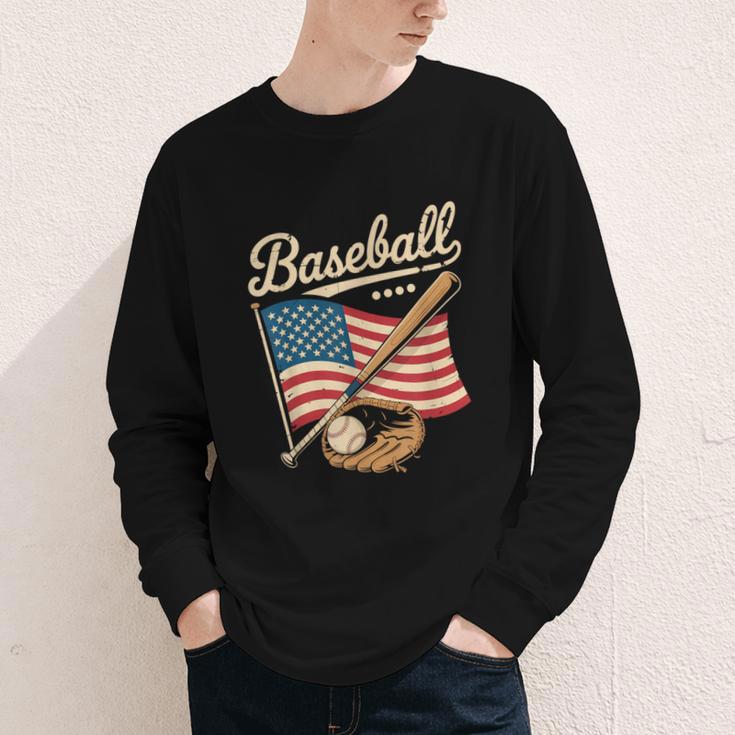 American Flag Baseball Player Bat Fan Catcher Pitcher USA Youth Long Sleeve Tee