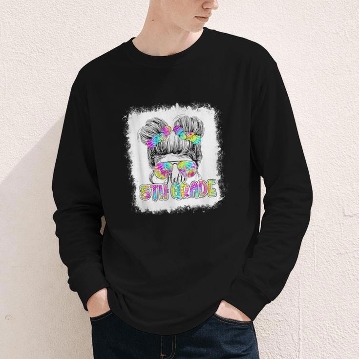 Back To School Hello 5th Grade Cute Messy Bun Tie Dye Girls Youth Long Sleeve Tee