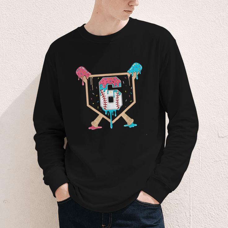 Baseball 6 Year Old Ice Cream Drip 6th Birthday Boys Player Youth Long Sleeve Tee