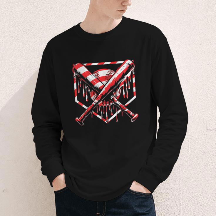 Baseball Candy Cane Christmas Baseball Ice Cream Drip Boys Youth Long Sleeve Tee