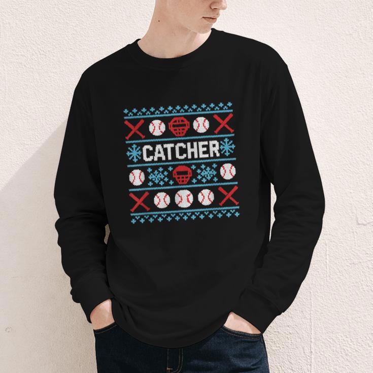 Baseball Catcher Ugly Christmas Sweater Pattern Sports Xmas Youth Long Sleeve Tee