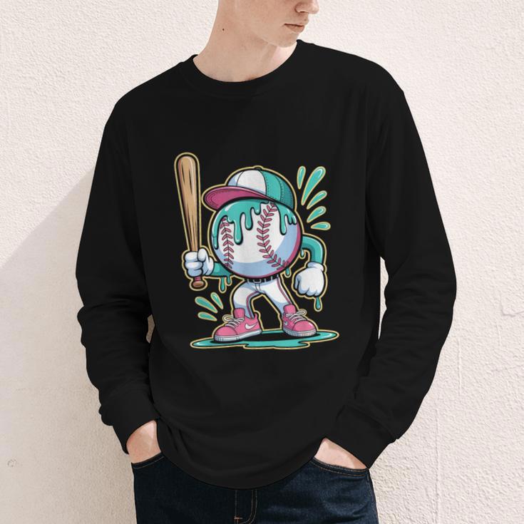 Baseball Character Cartoon Batter Drip Style Women Men Youth Long Sleeve Tee