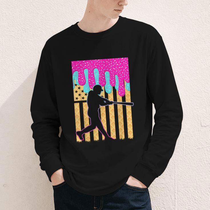 Baseball Drip Bat Boys Ice Cream American Flag 4th Of July Youth Long Sleeve Tee