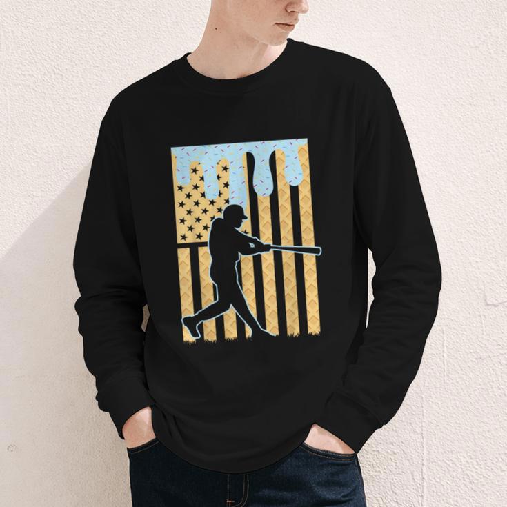 Baseball Drip Boys Dripping Ice Cream Baseball American Flag Youth Long Sleeve Tee