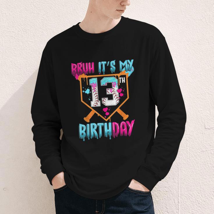 Baseball Drip Bruh It's My 13th Birthday Boy Ice Cream Drip Youth Long Sleeve Tee
