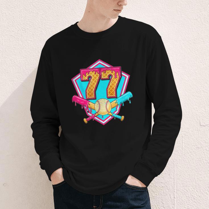 Baseball Drip Jersey Number 77 For Players & 77th Birthday Youth Long Sleeve Tee
