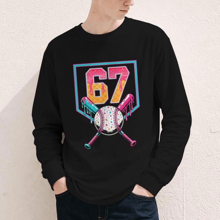 Baseball Ice Cream Drip Number 67 Player 67th Birthday Men Youth Long Sleeve Tee