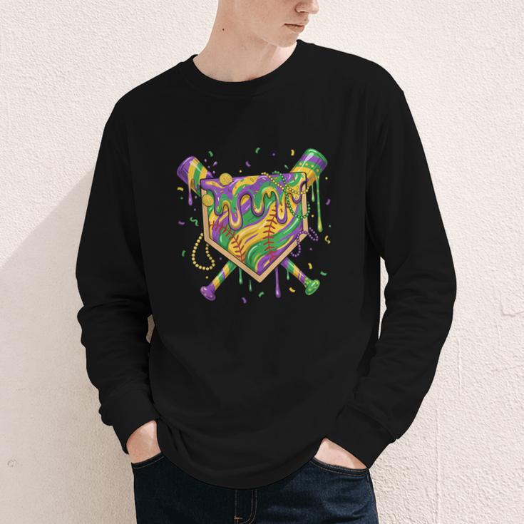 Baseball Mardi Gras Home Plate Ice Cream Drip Carnival Mask Youth Long Sleeve Tee