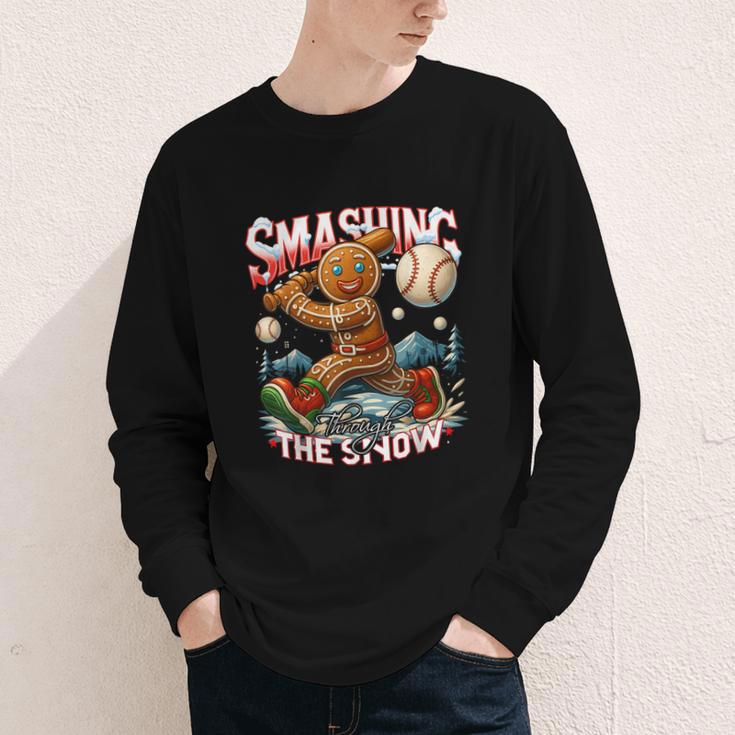 Baseball Player Christmas Gingerbread Smashing Through Snow Youth Long Sleeve Tee Baseball Player Christmas Gingerbread Smashing Through Snow Youth Long Sleeve Tee
