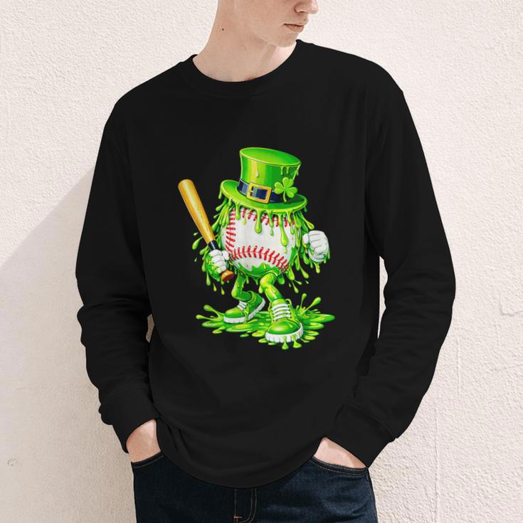 Baseball Player Ice Cream Drip Shamrocks St Patrick's Day Youth Long Sleeve Tee