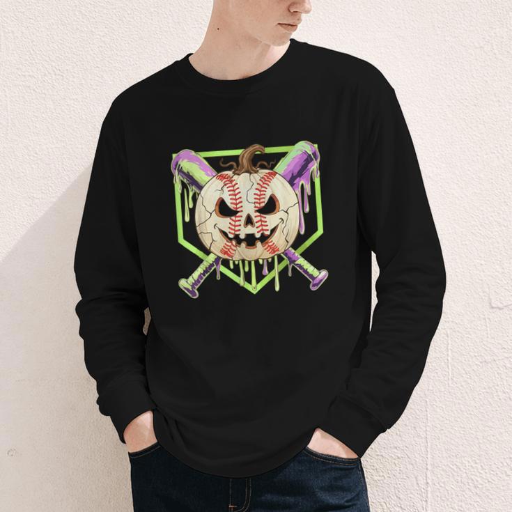 Baseball Pumpkin Halloween Baseball Drip Spooky Halloween Youth Long Sleeve Tee