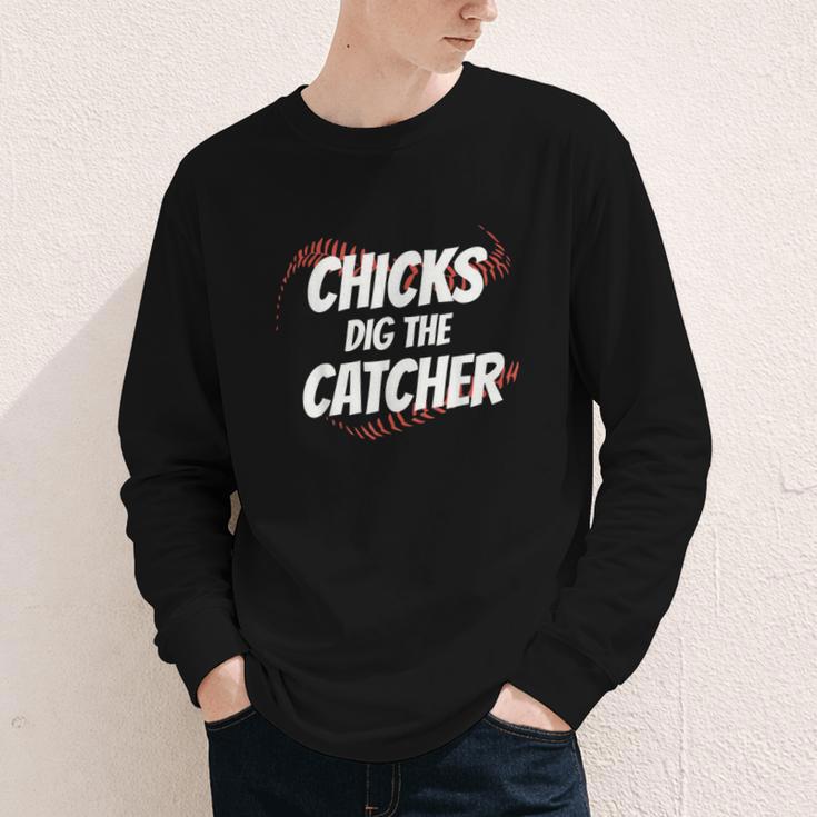 Baseball Seams Chicks Dig The Catcher Youth Long Sleeve Tee