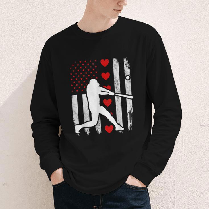 Baseball Silhouette Heart USA Flag Hearts American Boys Kids Youth Long Sleeve Tee