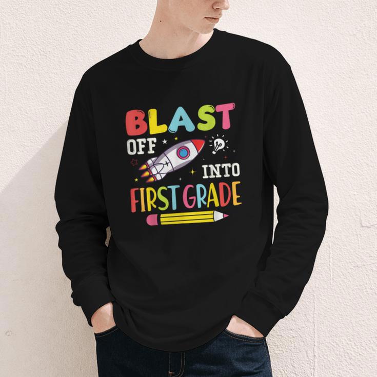 Blast Off Into First Grade Back To School Kids Rocket Space Youth Long Sleeve Tee
