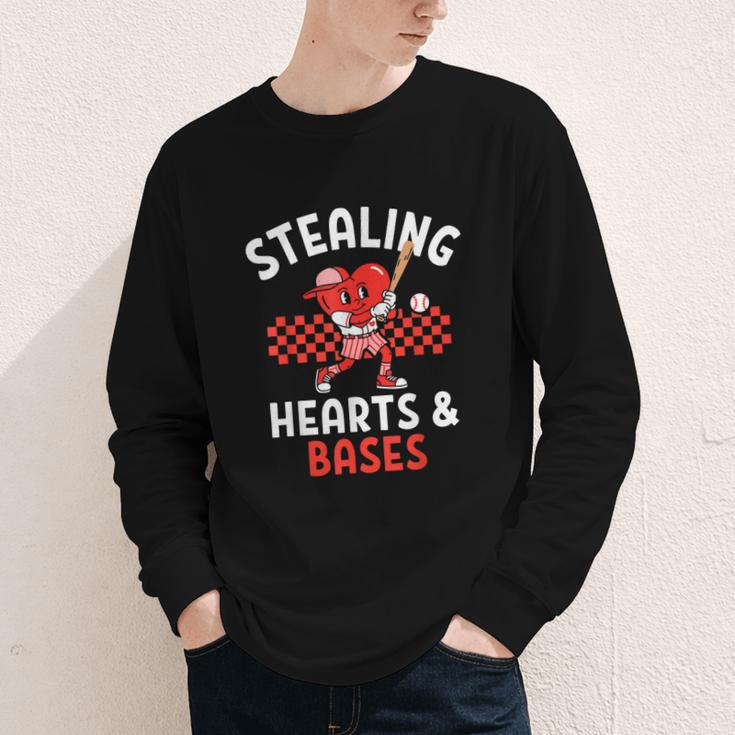 Boys Baseball Valentines Day Stealing Hearts Valentine Kids Youth Long Sleeve Tee