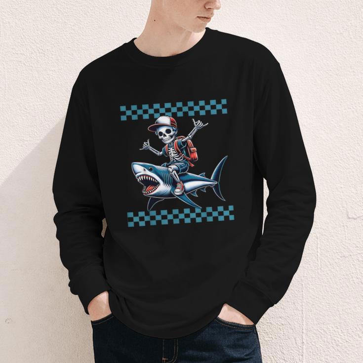 Boys Skeleton Riding a Shark Back To School Youth Long Sleeve Tee
