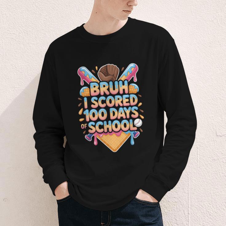 Bruh I Scored 100 Days Of School Baseball Ice Cream Drip Tee Youth Long Sleeve Tee