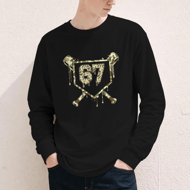 Camo Baseball Ice Cream Drip Number 67 Player 67th Birthday Youth Long Sleeve Tee