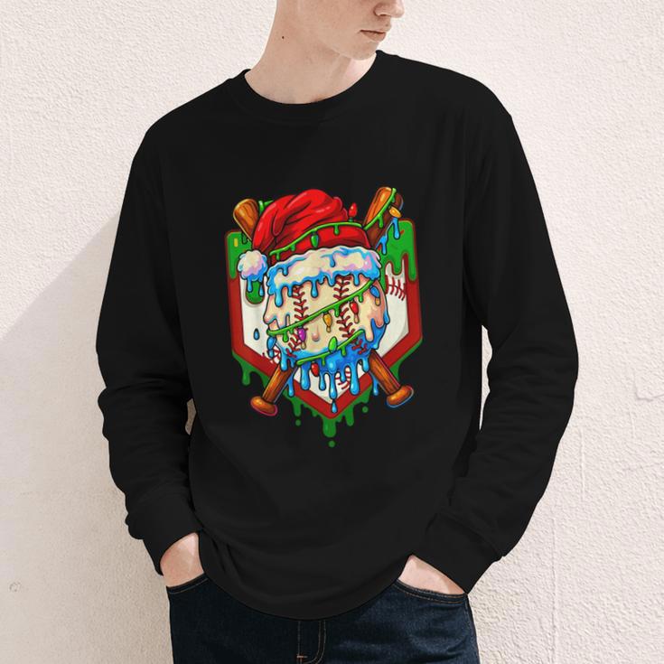 Christmas Baseball Ice Cream Drip Santa Baseball Player Kids Youth Long Sleeve Tee