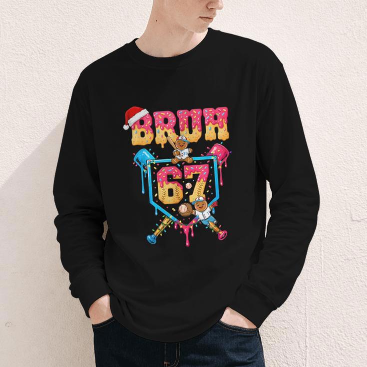 Christmas Gingerbread Bruh 67 Baseball Ice Cream Drip Kids Youth Long Sleeve Tee