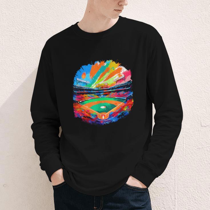 Colorful Baseball Field Home Run Baseball Player Fans Youth Long Sleeve Tee