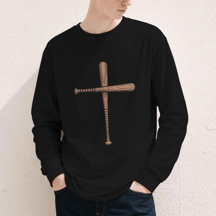 Cross Baseball Bats Christian Faith Sports Coach Pitcher Youth Long Sleeve Tee
