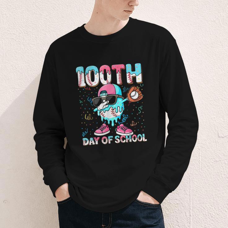 Dabbing Drippy 100th Days Of School Baseball Ice Cream Drip Youth Long Sleeve Tee