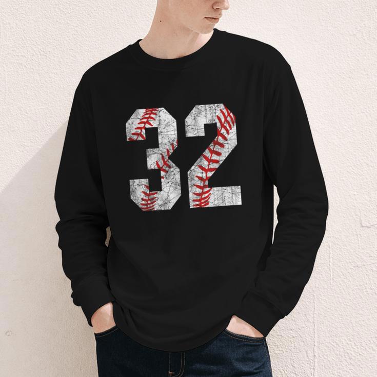 Distressed Baseball Number 32 Jersey Uniform Player Fan Youth Long Sleeve Tee Distressed Baseball Number 32 Jersey Uniform Player Fan Youth Long Sleeve Tee