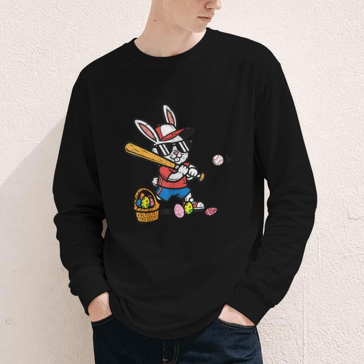 Easter Bunny Baseball Player Batter Rabbit Boys Kids Men Youth Long Sleeve Tee